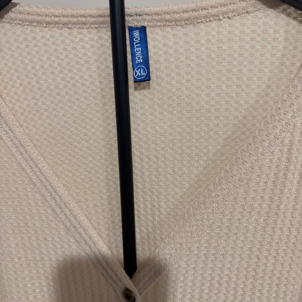 Iwollence Waffle Knit Button Down Tie Knot Top Cream Beige XL Batwing Sleeve - Picture 2 of 6